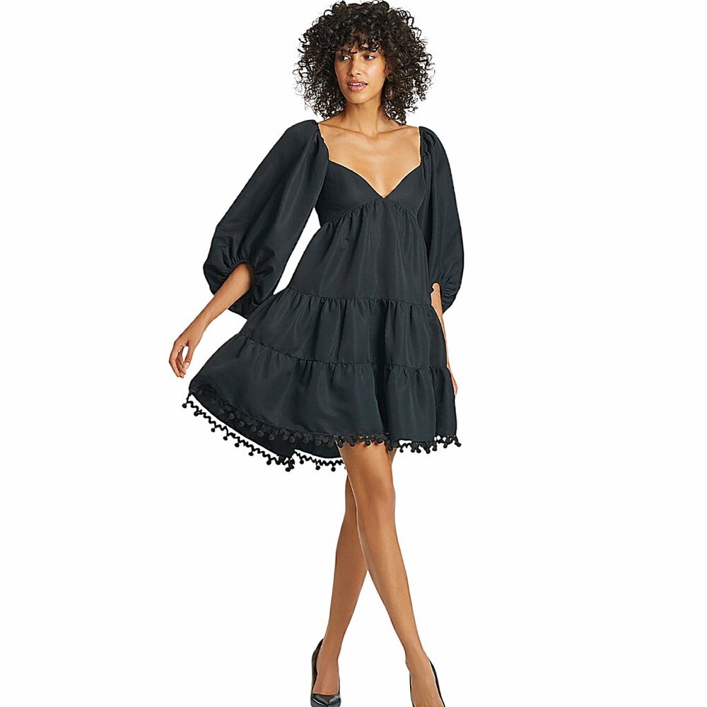 NWT Sachin + Babi Everly Black Tiered Babydoll Dress Peasant Sleeve Pompom Hem L